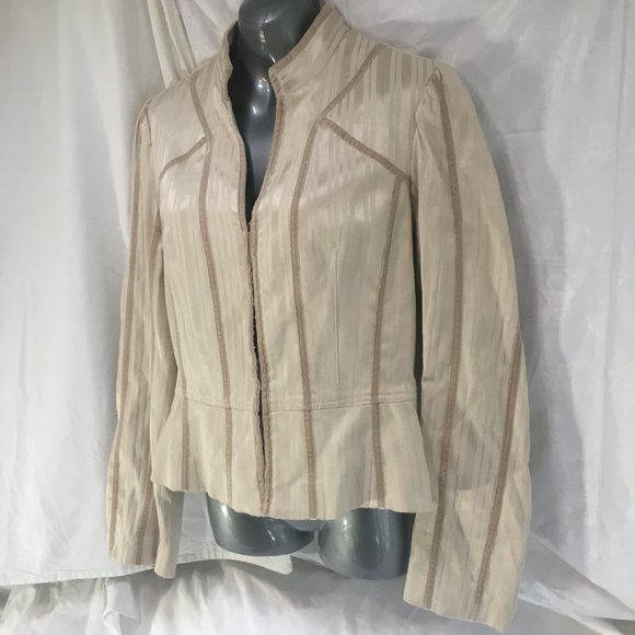 Le Chateau Jacket Fitted Suit Blazer Women's Size Med Beige Stripe Hook & Eye - Picture 5 of 14